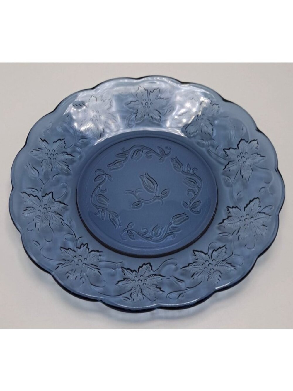 Princess House Fantasia Blue Glass Luncheon Plate Embossed Floral Design